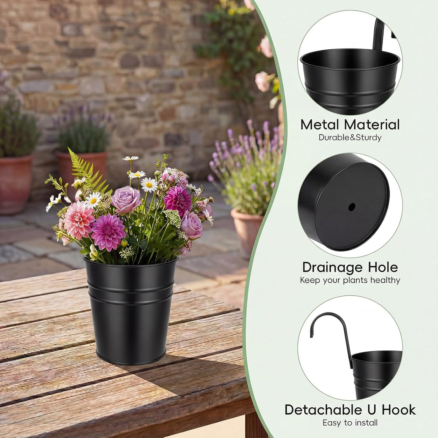HowRU Metal Iron Flower Pots for Railing Fence Hanging Bucket Pots(5 Pcs) and Hanging Flower Pots Metal Iron Bucket Planter(10 Pcs) (Black)