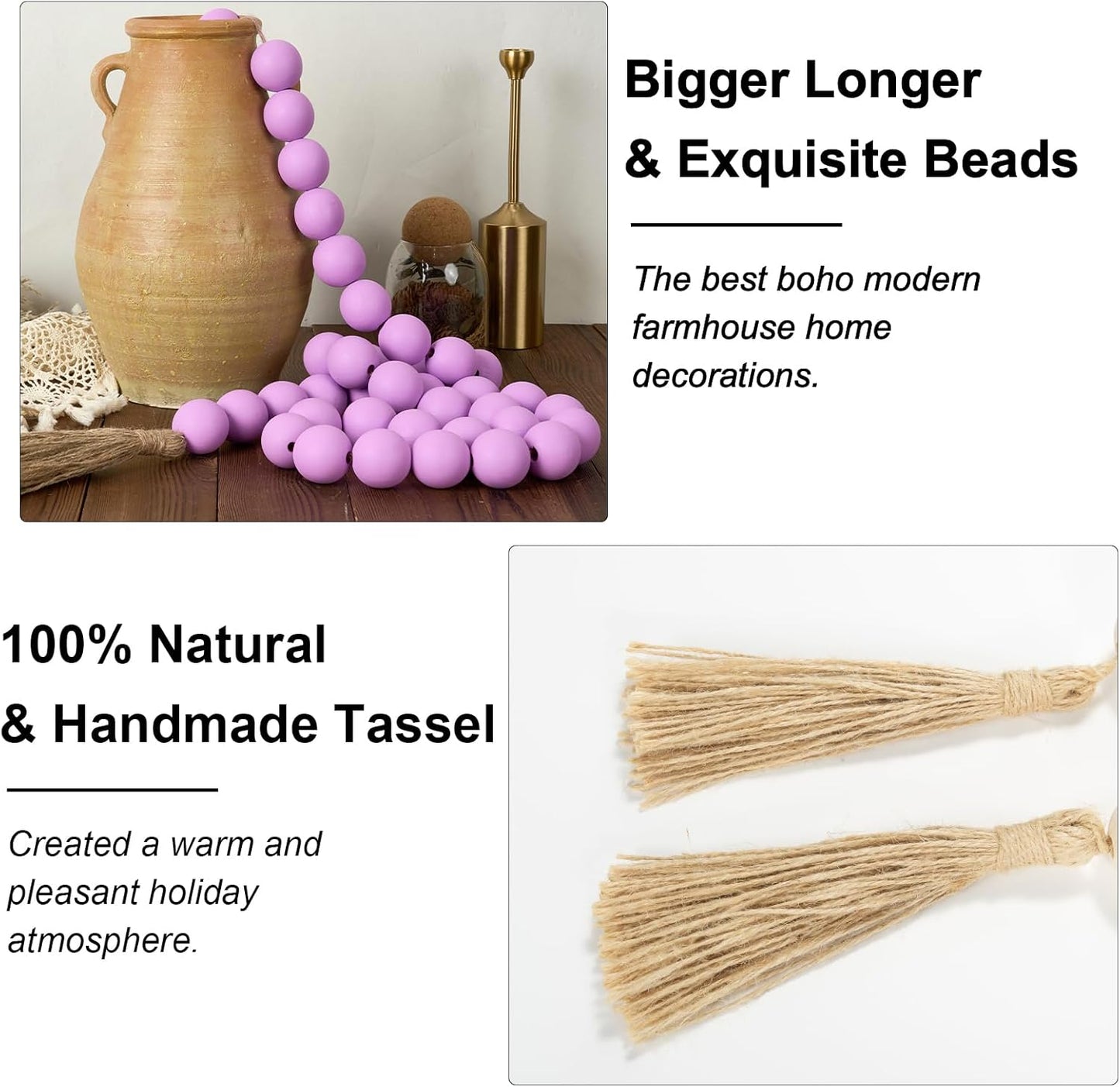 OMISHE Extra Large Wood Bead Garland with 1.6" Diameter Wooden Beads and Tassels, 41" Long Rustic Farmhouse Country Decorative Beads for Home Tiered Tray Decor, Natural Beige