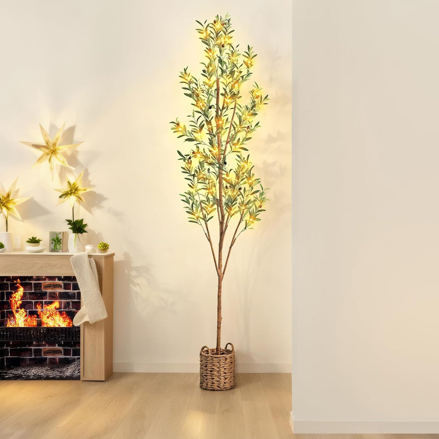 6ft Artificial Olive Tree with LED Fairy Lights, Tall Faux Potted Plant with Woven Basket - Natural Wooden Trunk & Lifelike Leaves & Fruits for Indoor Home Office Foyer Decor Housewarming Gift