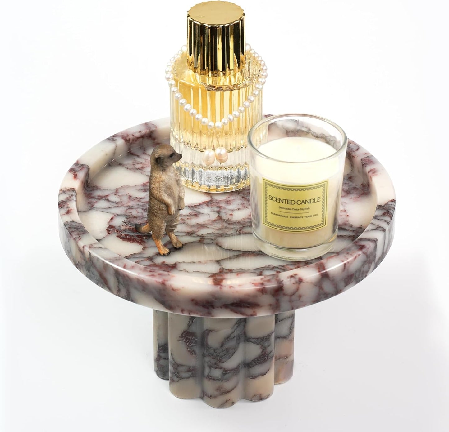 Marble Perfume Tray with Legs - Oval Decorative Stone Pedestal for Bathroom Vanity Coffee Table Kitchen Countertop, Footed Jewelry Candle Organizers Catchall Plate Riser with Scalloped Feet