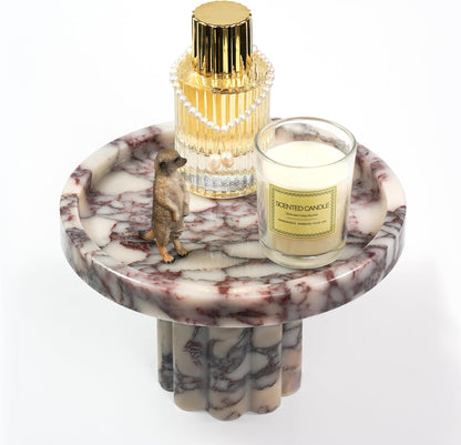 Marble Perfume Tray with Legs - Oval Decorative Stone Pedestal for Bathroom Vanity Coffee Table Kitchen Countertop, Footed Jewelry Candle Organizers Catchall Plate Riser with Scalloped Feet