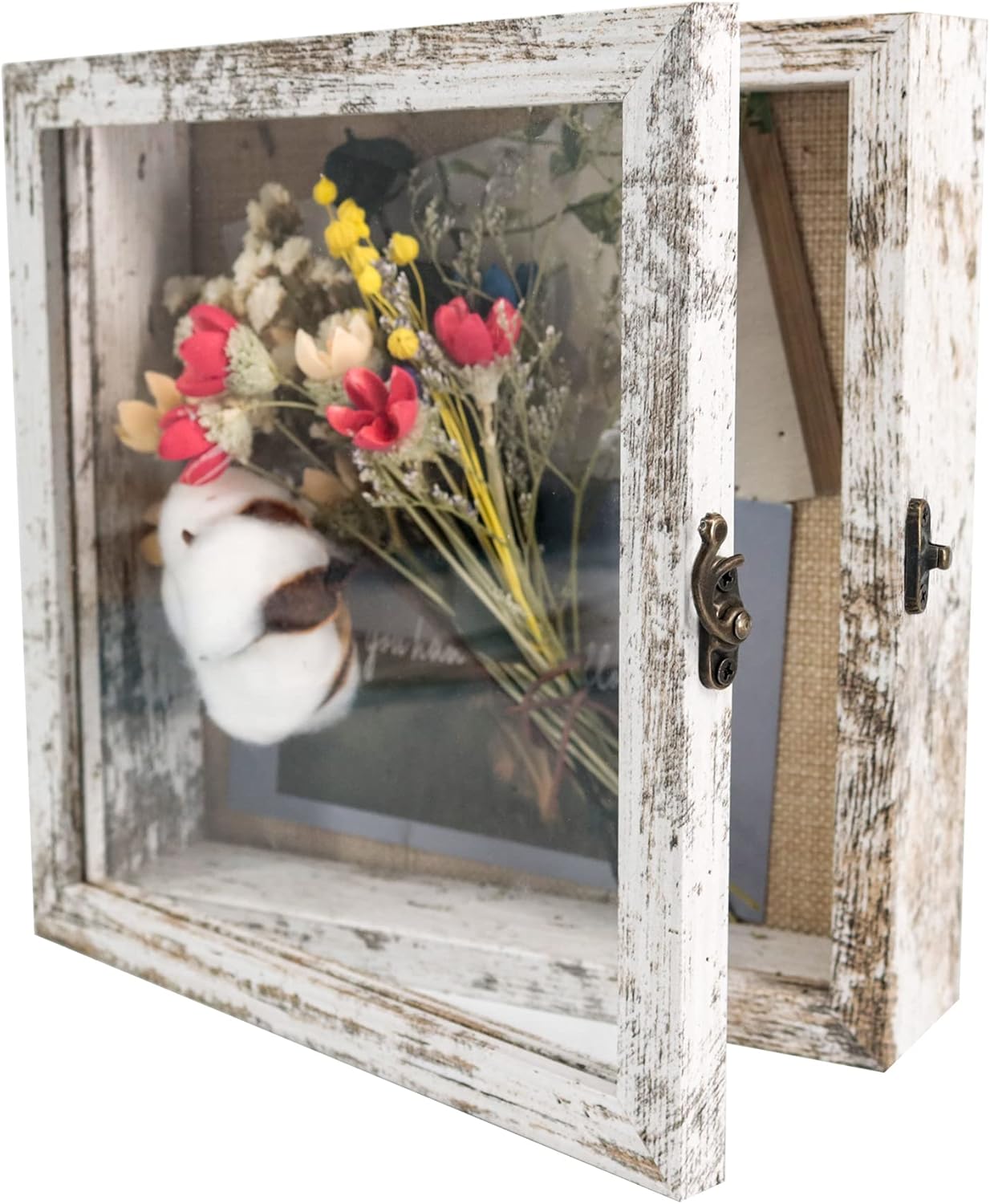 GraduationMall 13x16 Wood Shadow Box Frame Glass Door Display Case with Linen Back and 6 Stick Pins,1.5 inches Interior Depth,Ideal for Memorabilia Pictures Flowers Medals Tickets Rustic White