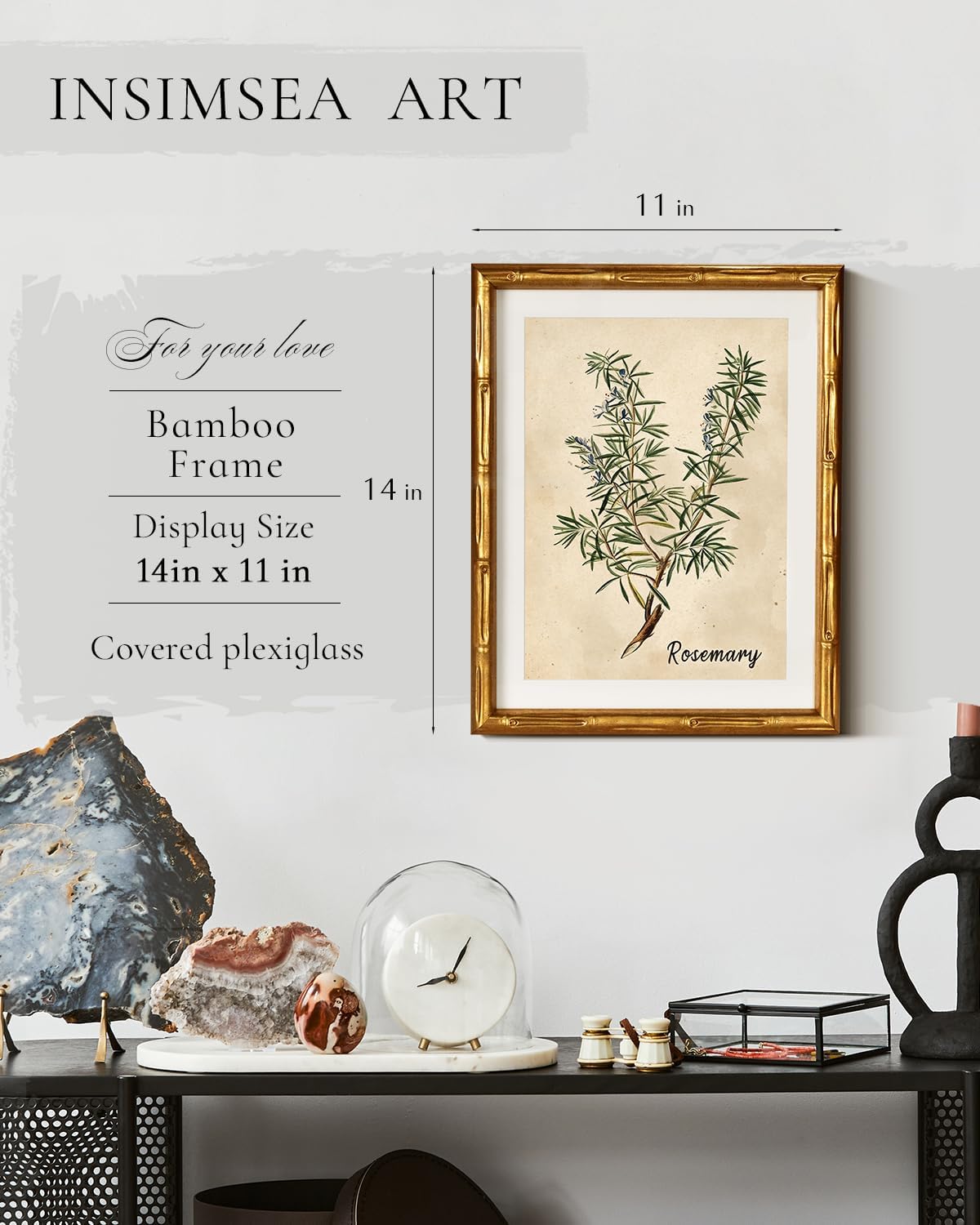 InSimSea Gold Bamboo Framed Canvas Wall Art, Retro Blue Hydrangea Botanical Prints, Antique Flowers Picture Frame with Mat, Victorian Home Wall Decor for Kitchen Living Room Bedroom, 11x14inch