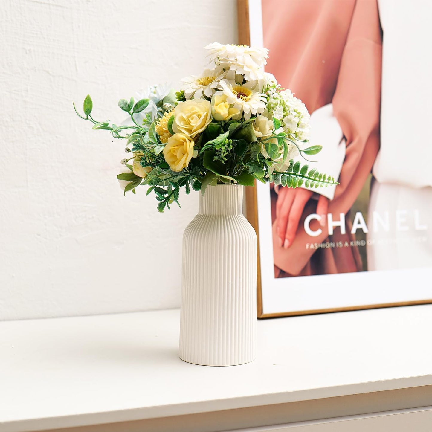 Bohemian White Ceramic Vase - for Pampas Grass, Mantel, Bookshelf, Entryway and Living Room Decor (White, 7in)