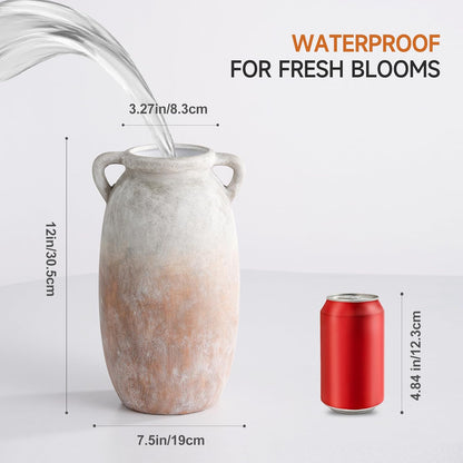 Dobbyby Ceramic Flower Vase 7.6 inch Farmhouse Rustic Vase Decorative Pottery Terracotta Vases for Home Decor Table Mantle Fireplace Living Room Bathroom Wedding Centerpiece (Whitewashed)