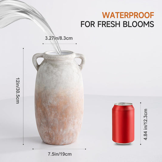 Dobbyby Ceramic Flower Vase 7.6 inch Farmhouse Rustic Vase Decorative Pottery Terracotta Vases for Home Decor Table Mantle Fireplace Living Room Bathroom Wedding Centerpiece (Whitewashed)