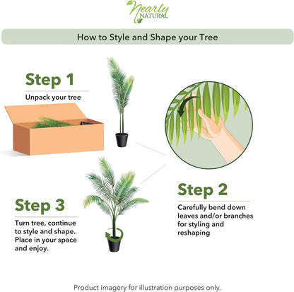 Nearly Natural 6.5ft Artificial Golden Cane Palm Tree, Lifelike Silk Indoor Palm With Three Textured Trunks Flexible Fronds Nursery Planter, Low Maintenance