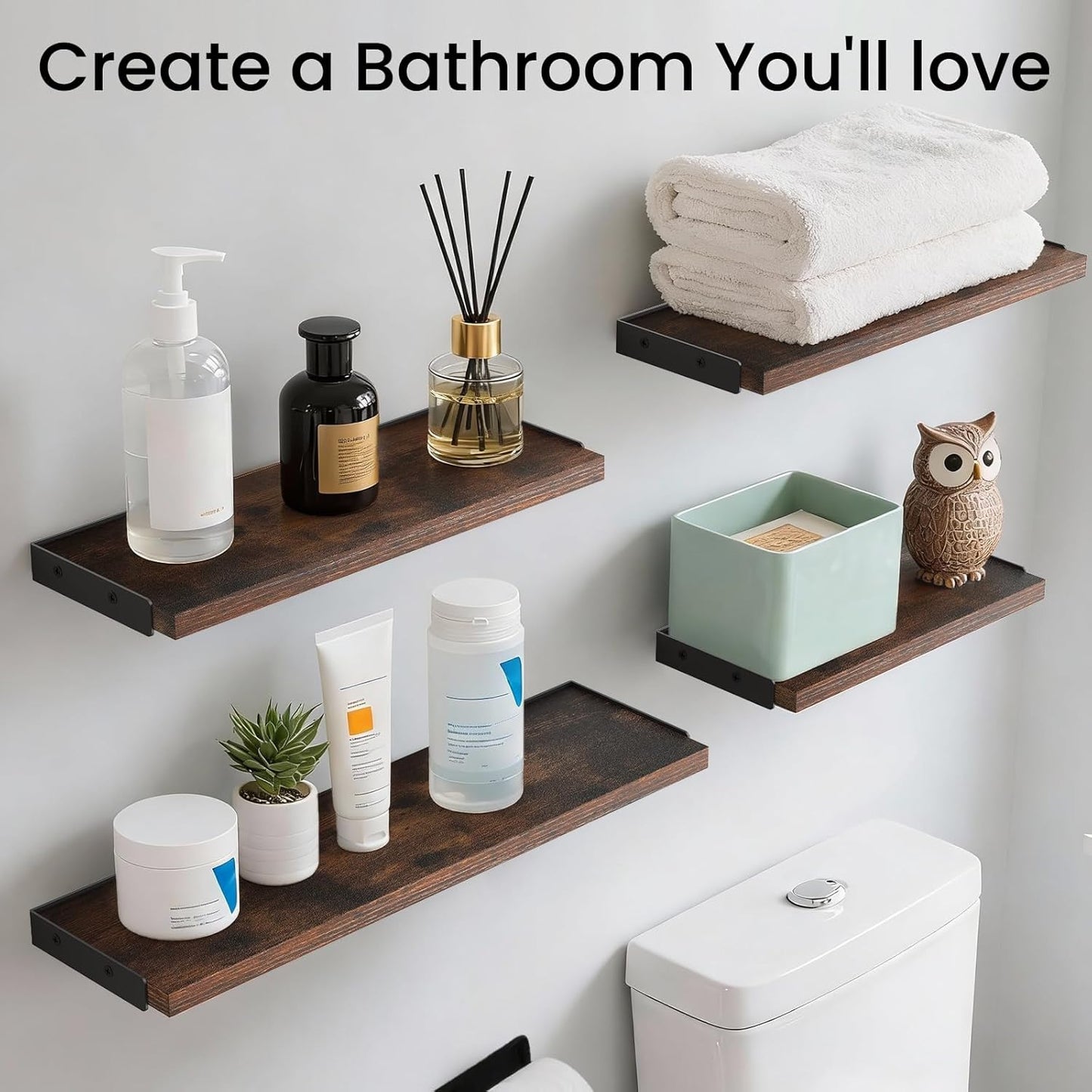 BAYKA Wall Mounted Floating Bathroom Shelves, Wood Wall Shelf for Bathroom Essentials & Decor, Space-Saving Display & Organizer (Black, Set of 4)