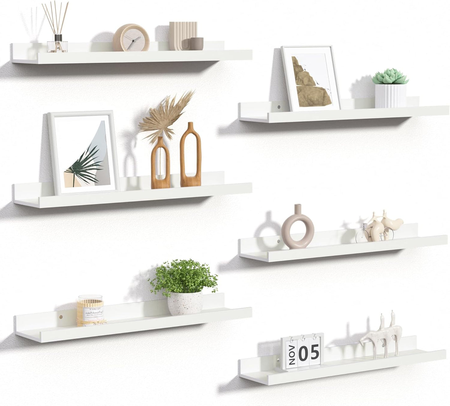 upsimples 6 Pack Wooden Floating Shelves, Wall Storage Decor Shelf for Bathroom, Bedroom, Living Room, Kitchen, Office and Laundry Room, Wall Mounted Display Hanging Shelf, Brown