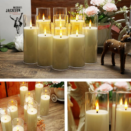 kakoya Flickering Flameless Candles Battery Operated with Remote and 2/4/6/8 H Timer Acrylic Led Pillar Candles Pack of 9 (appr D2.3"xH5.5"6.5"7.5")with Realistic 3D Wick Candles for Home Decor(White)