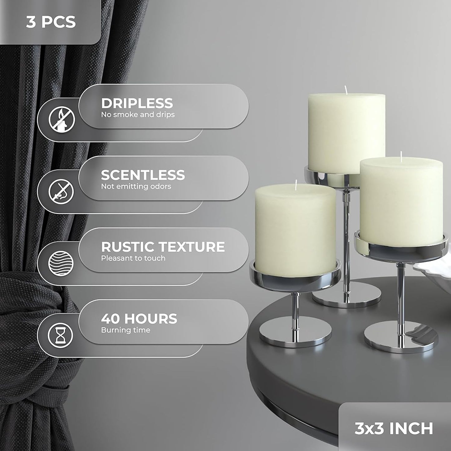 CANDWAX 3x4 inch Pillar Candles Set of 3 – Unscented Dripless Rustic Dark Blue Candles for Room Decor, Weddings, Centerpieces