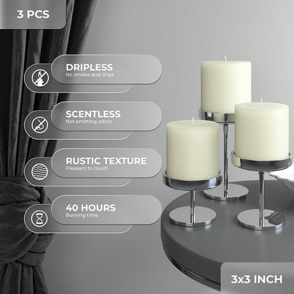 CANDWAX 3x4 inch Pillar Candles Set of 3 – Unscented Dripless Rustic Dark Blue Candles for Room Decor, Weddings, Centerpieces