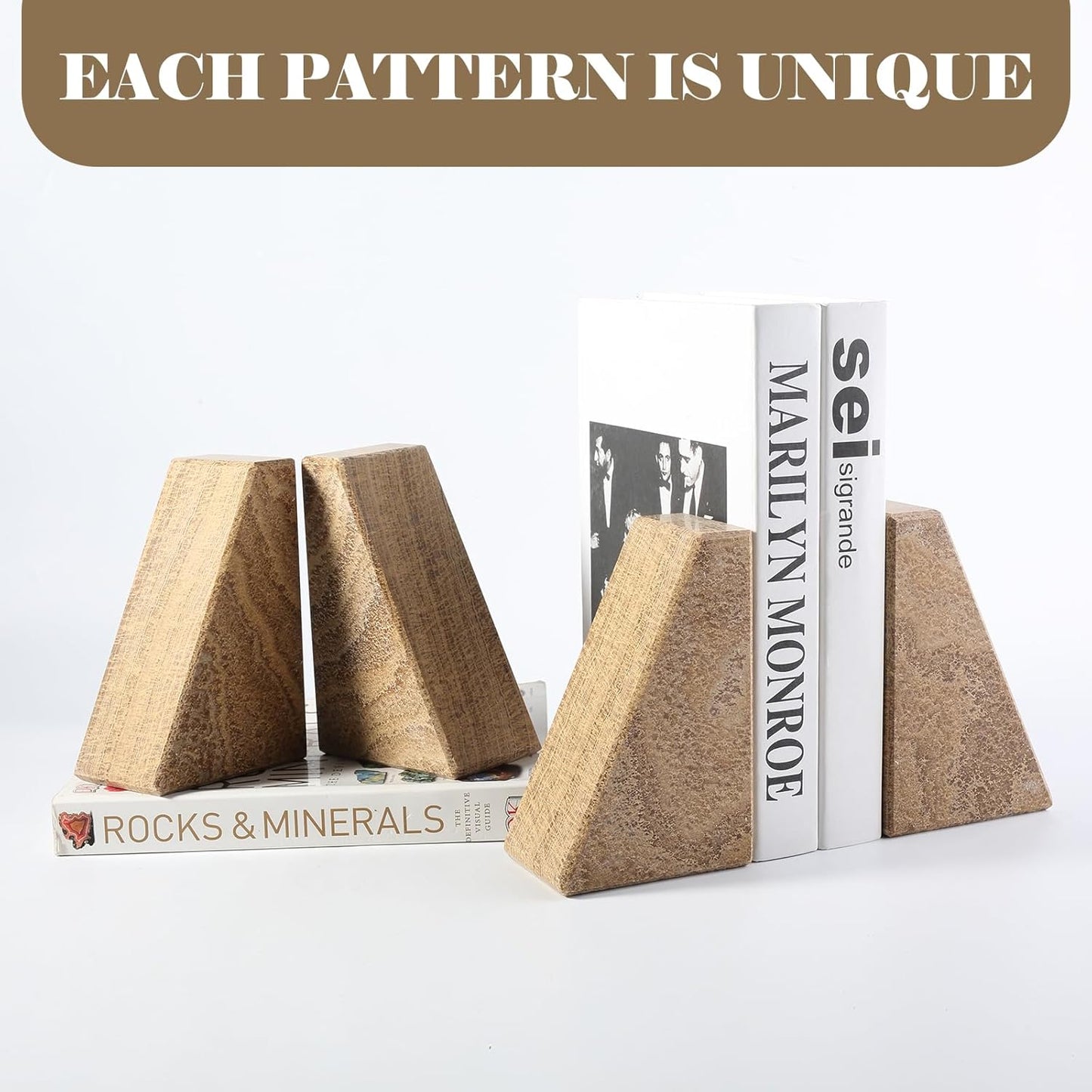 Karibiber Travertine Bookends for Heavy Books, Marble Decorative Bookends for Shelves, Heavy-Duty Stone Book Ends for Hardback Book & Cookbooks, Unique Book Stopper & Holder, Travertino Italy