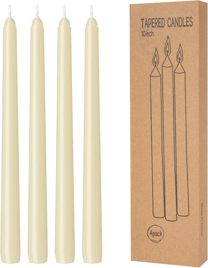 4 Pack Ivory Taper Candles - Taper Candles 10 Inch Dripless, Smokeless & Unscented - 8 Hours Long Burning - Hand Poured Tall Candlesticks - Ideal for Weddings, Dinner Parties, and Home Decor