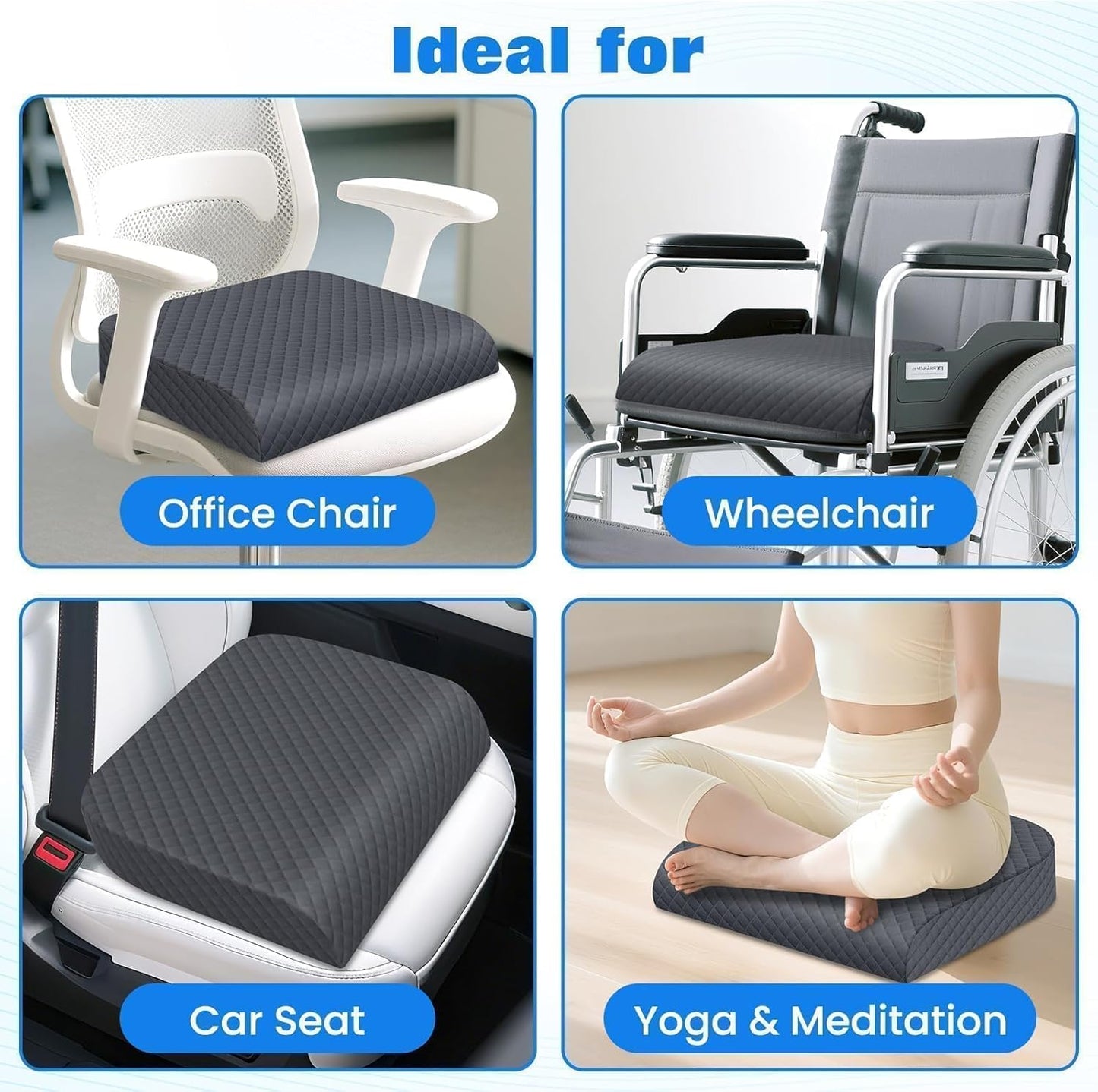 Seat Cushion, Memory Foam Chair Pad for Sciatica & Hip Pain Relief, Non-Slip Cushion for Office, Home, Car, Large Desk Chair Cushion, Washable Cover & Handle, Large, Black