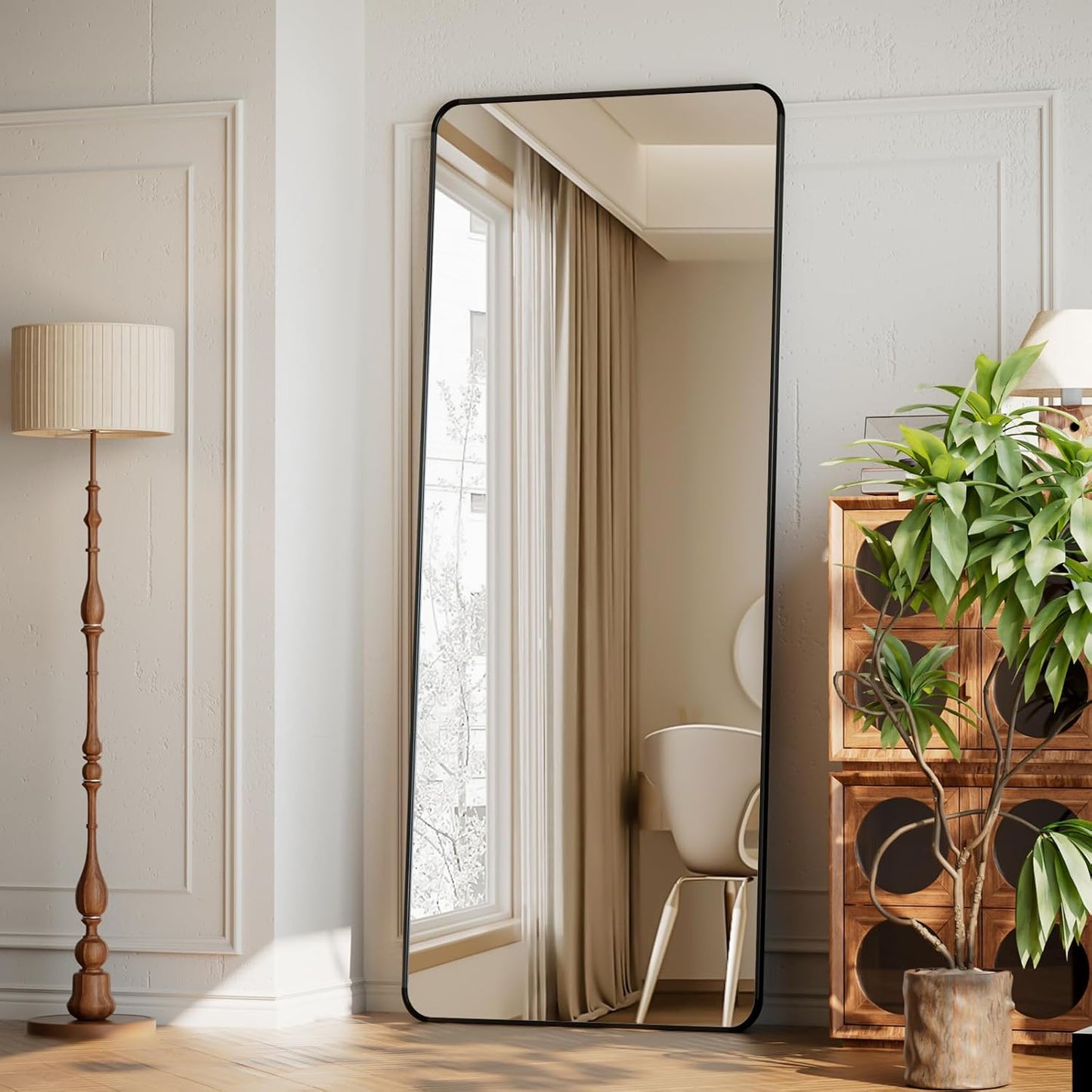 XRAMFY 56"x21" Floor Full Length Mirror Standing Full Body Rounded Corner Rectangle Mirrors with Stand Hanging Wall Mounted Leaning Bedroom Living Room Bedroom Cloakroom,Gold
