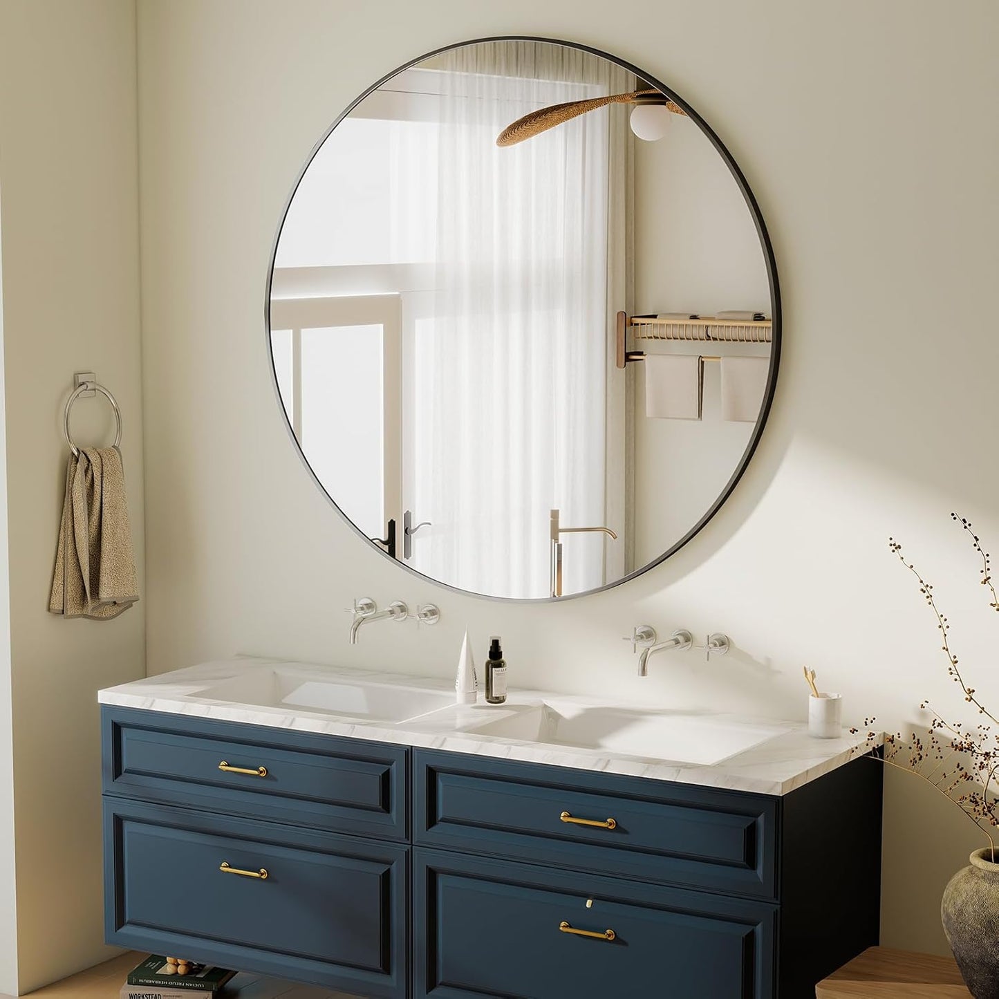 HARRITPURE Round Mirror 30 Black Wall Mounted Circle Mirrors Vanity Mirror with Brushed Aluminum Alloy Frame Modern Decoration for Bathroom, Living Room, Vanity, Bedroom, Entryway