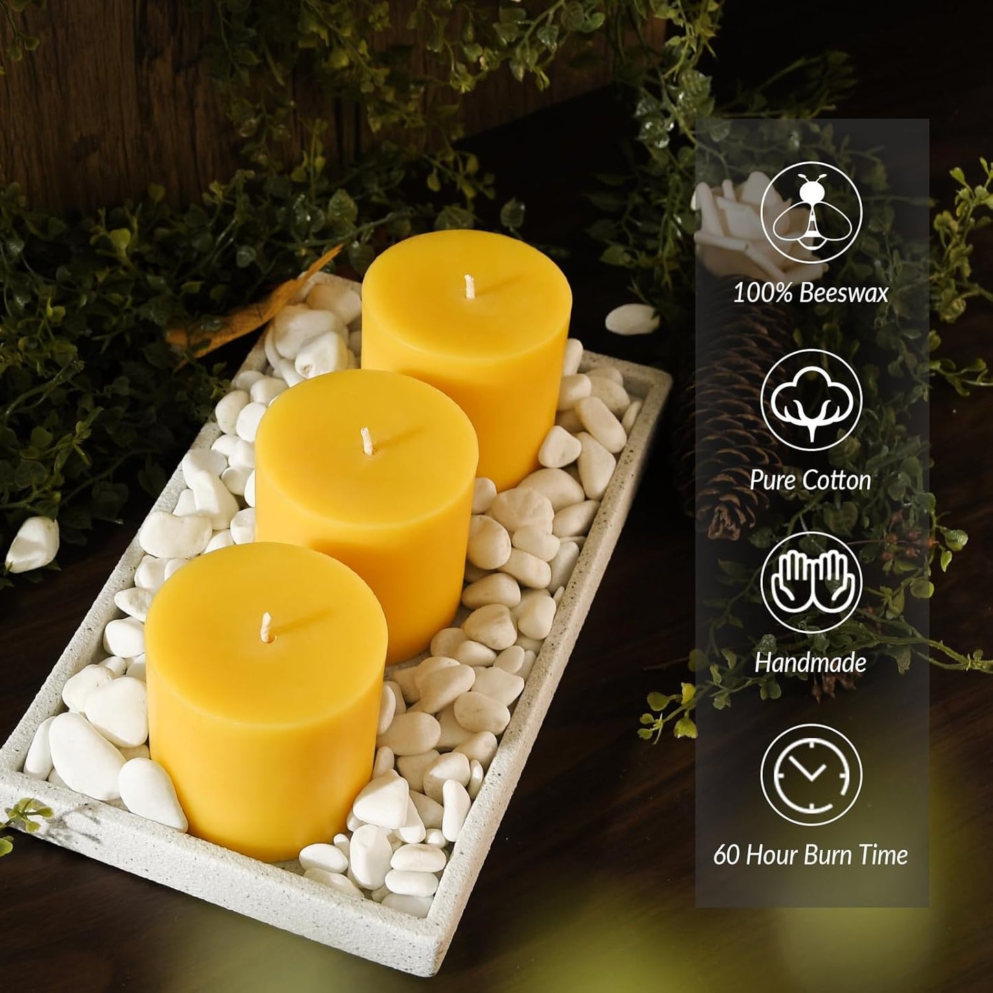 Set of 3 Natural Beeswax Pillar Candles - 3 inch Wide (3 inch 4inch 6inch Tall) - 100% Pure Bees Wax Candles, Long Burning, Unscented Smokeless & Dripless, for Emergency, Home Decor