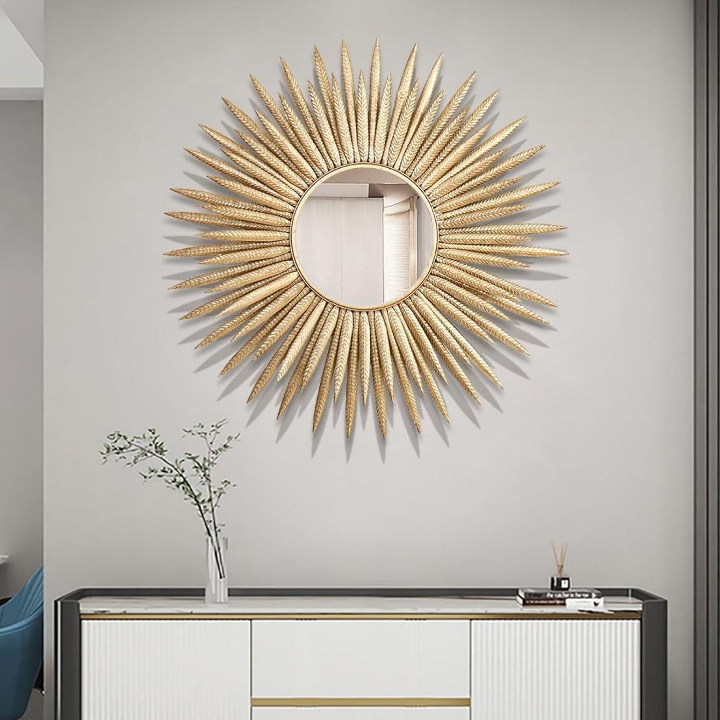 homary Sunburst Wall Mirror, 33.7" Gold Accent Mirror with Embossed Metal Frame for Living Room, Entryway, or Bedroom Decor (1, Style-A)