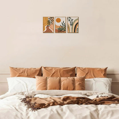 Bwodke Boho Wall Art, Framed Abstract Wall Art, Green Botanical Neutral Canvas Wall Decor, Large Mid Century Plant Pictures Set of 3, Modern Minimalist Paintings, for Bedroom Living Room Bathroom