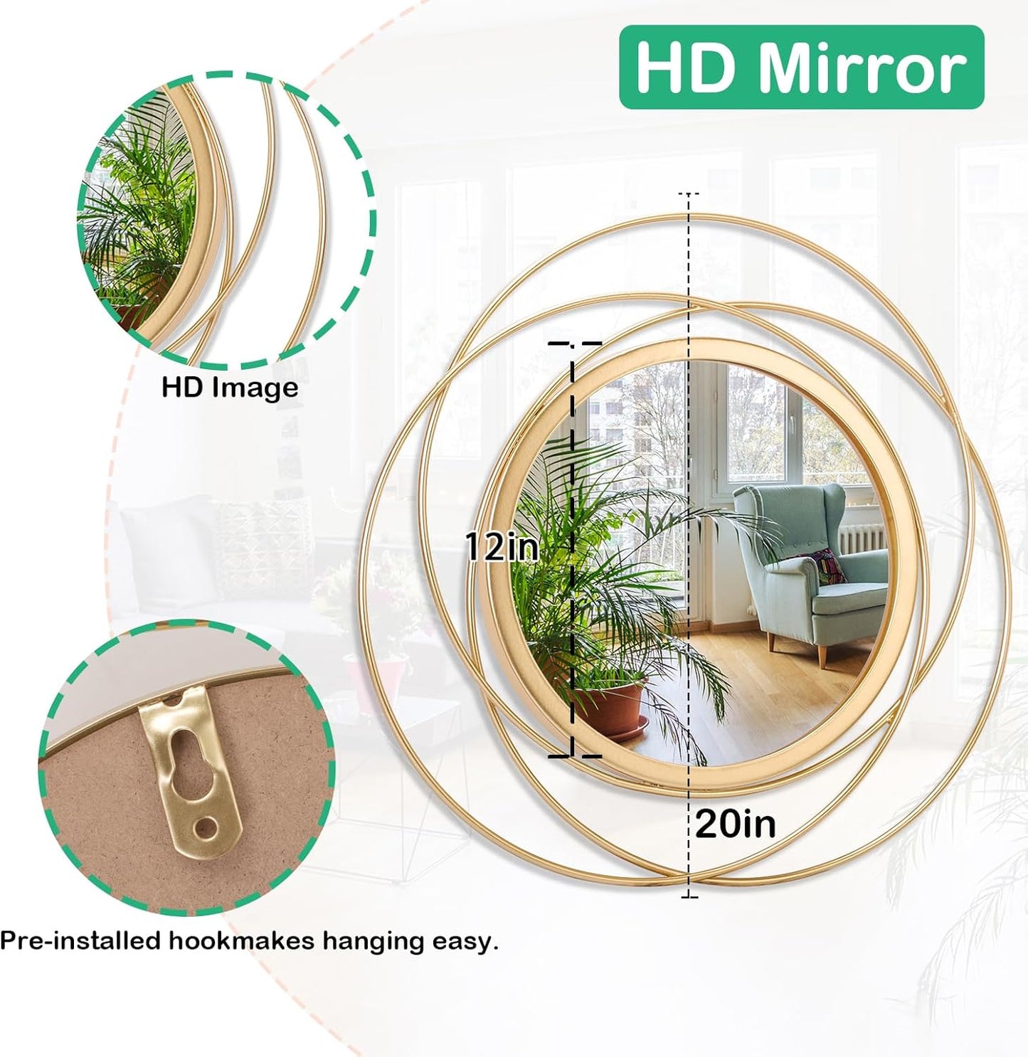 Gold Sunburst Mirrors for Wall Decorative Metal Round Art Mirrors Large Wall Decor Hanging Mirror for Bathroom Bedroom Living Room Vanity Entryway 16"