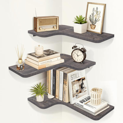 Homode Corner Floating Shelves, Set of 3 Corner Wall Shelves with Wire Hole, L-Shaped Wood Hanging Storage Shelf for Wall Decor, for Bathroom Kitchen Bedroom, White