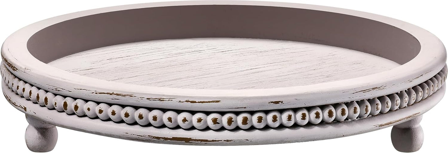 KULEDM Handmade Wooden Decorative Tray, Small Beaded Coffee Table Tray Decor, Sage Round Serving Tray for Coffee Table, Dining Room Table Entryway and Living Room Table