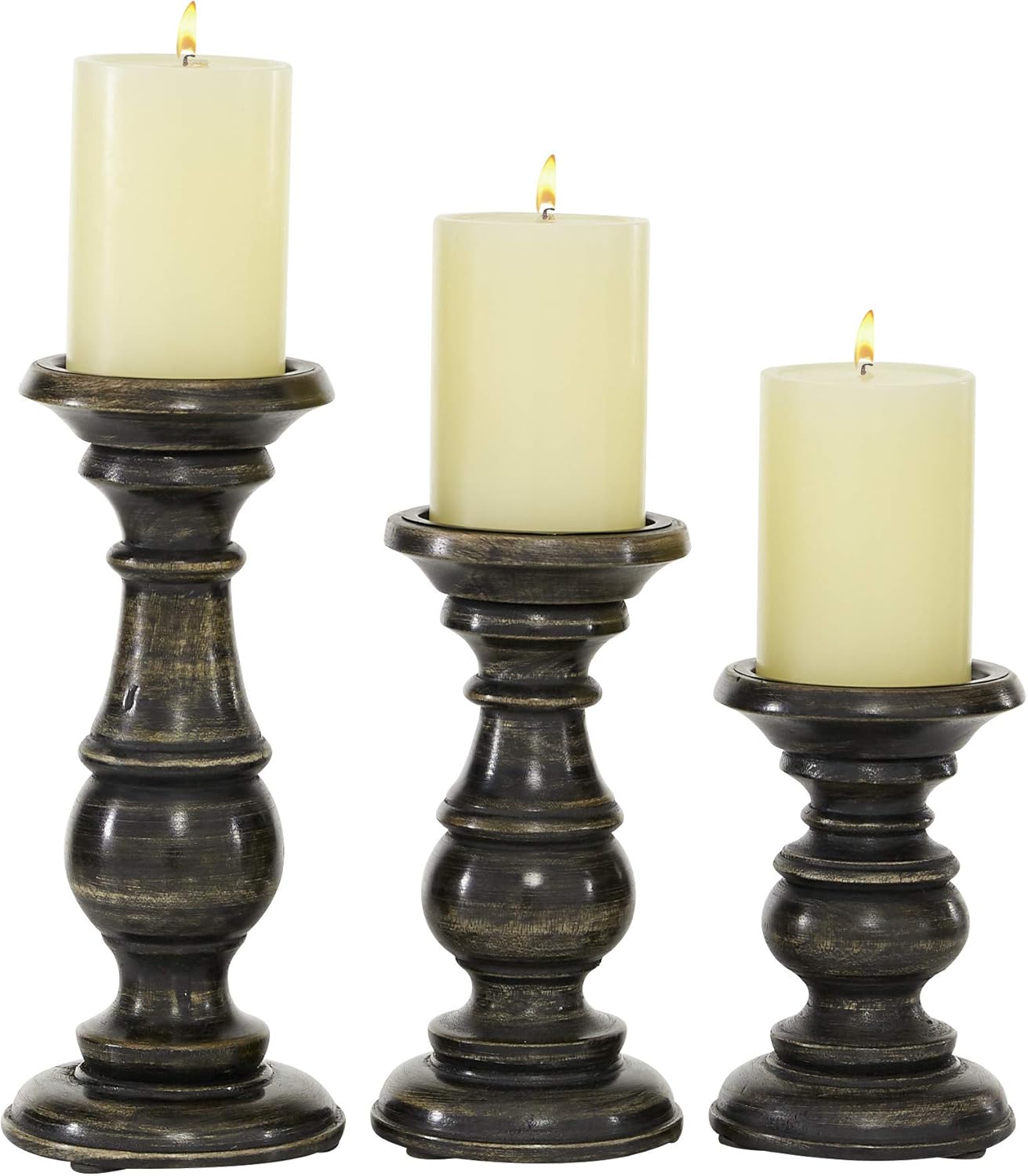 Deco 79 Mango Wood Decorative Candle Holder Distressed Turned Pillar Candle Stand, Set of 3 Candlestick Holder 6", 8", 10"H, Light Blue