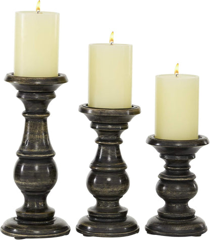 Deco 79 Mango Wood Decorative Candle Holder Distressed Turned Pillar Candle Stand, Set of 3 Candlestick Holder 6", 8", 10"H, Light Blue