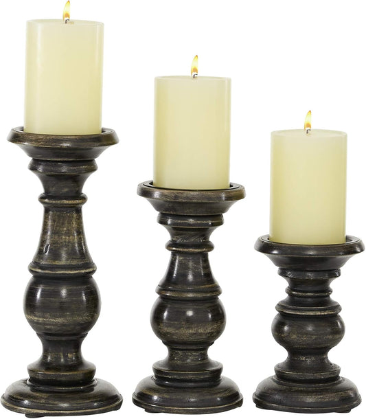 Deco 79 Mango Wood Decorative Candle Holder Distressed Turned Pillar Candle Stand, Set of 3 Candlestick Holder 6", 8", 10"H, Light Blue