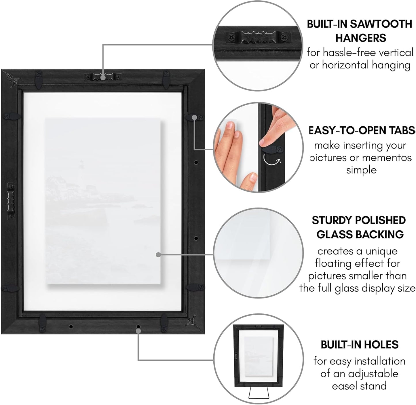 Americanflat 8x10 Floating Picture Frame with Polished Crystal-Clear Glass - Use as 5x7 Picture Frame or Display 4x6 Photo - Signature Float Collection - Photo Frames for Tabletop or Wall - Black