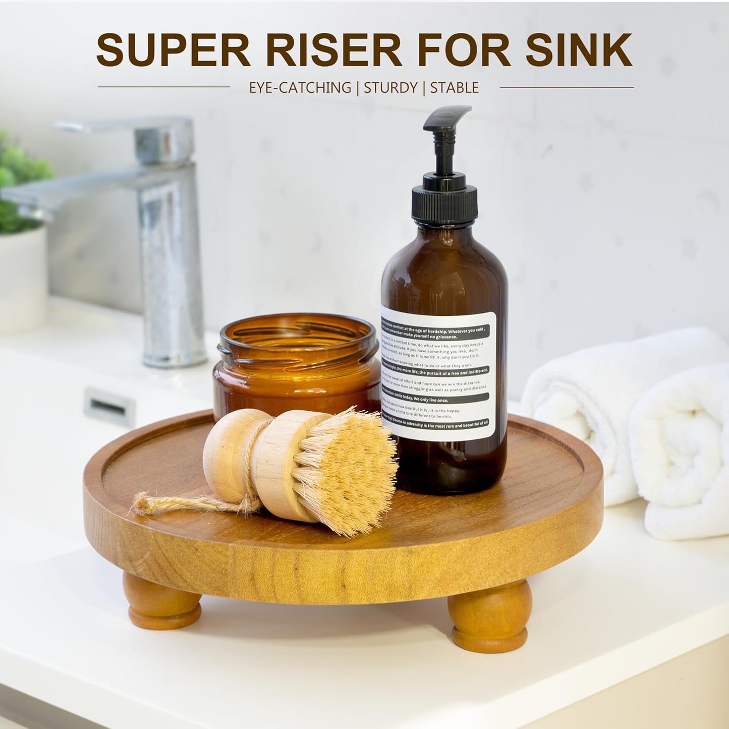 EOSAHR Farmhouse Pine Wood Riser for Home Decor – Round Pedestal Stand for Coffee Table & Kitchen Sink – Stylish Display Stand for Dish Soap Dispenser, Candles, Plants and Cupcakes (Green)