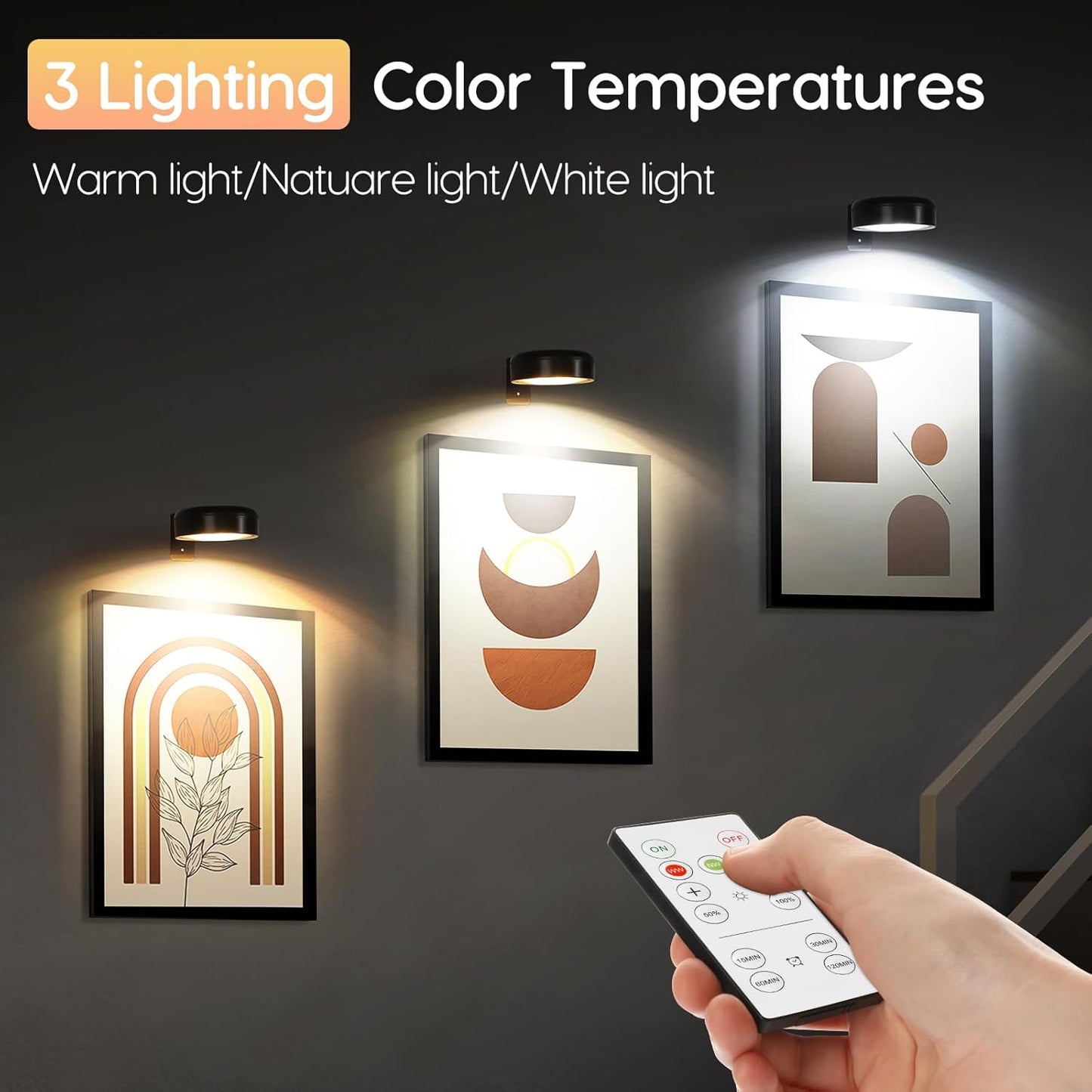 Arixinks 3PACK Picture Light Battery Operated with Remote, Painting Light for Wall Art with 3 Lighting Colors Dimmable, LED Art Display Accent Light on Wall for Poster Dartboard Frame Portrait Black