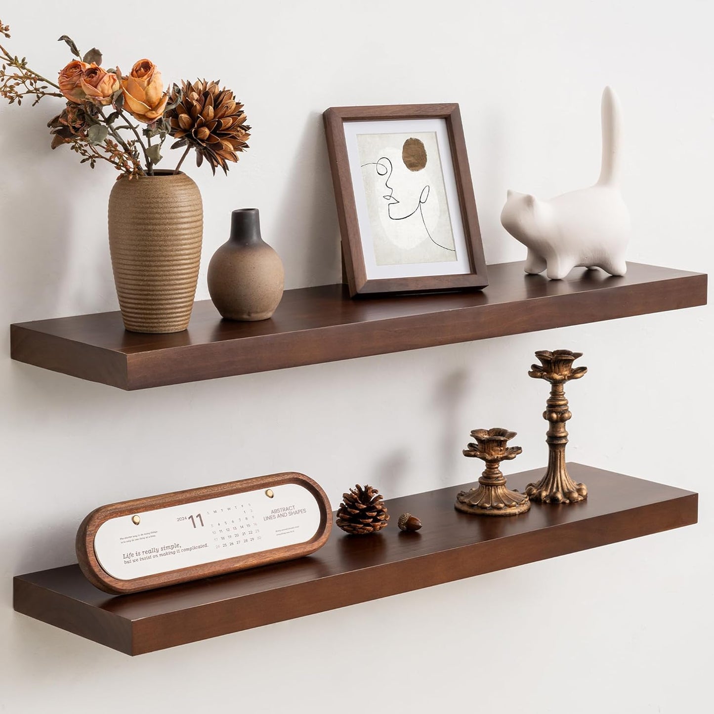 Floating Shelves 36 Inches Long - 8 Inch Deep Rustic Premium Solid Pine Wood for Storage - Farmhouse Wall Mounted for Living Room - Heavy-Duty Metal Bracket - 36" W x 8" D - Set of 2 - White Color