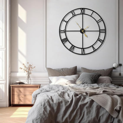 LEIKE 16" Large Wall Clocks Battery Operated, Round Modern Silent Non-Ticking Black Metal Wall Clock for Living Room Decor, Bedroom Kitchen (40cm Diameter, Black Roman Number)
