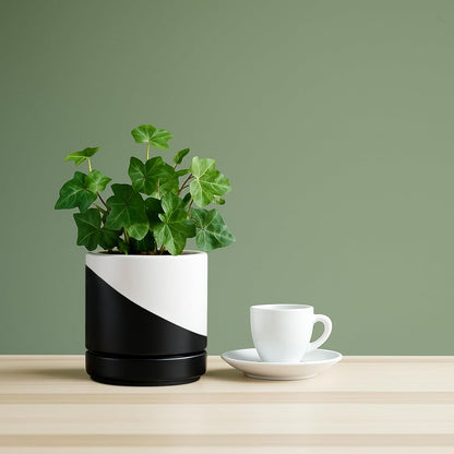 D'vine Dev 6.5 Inch Ceramic Planter Pot with Drainage Hole and Saucer, Indoor Cylinder Round Planter Pot, Olive, 94-O-C-J