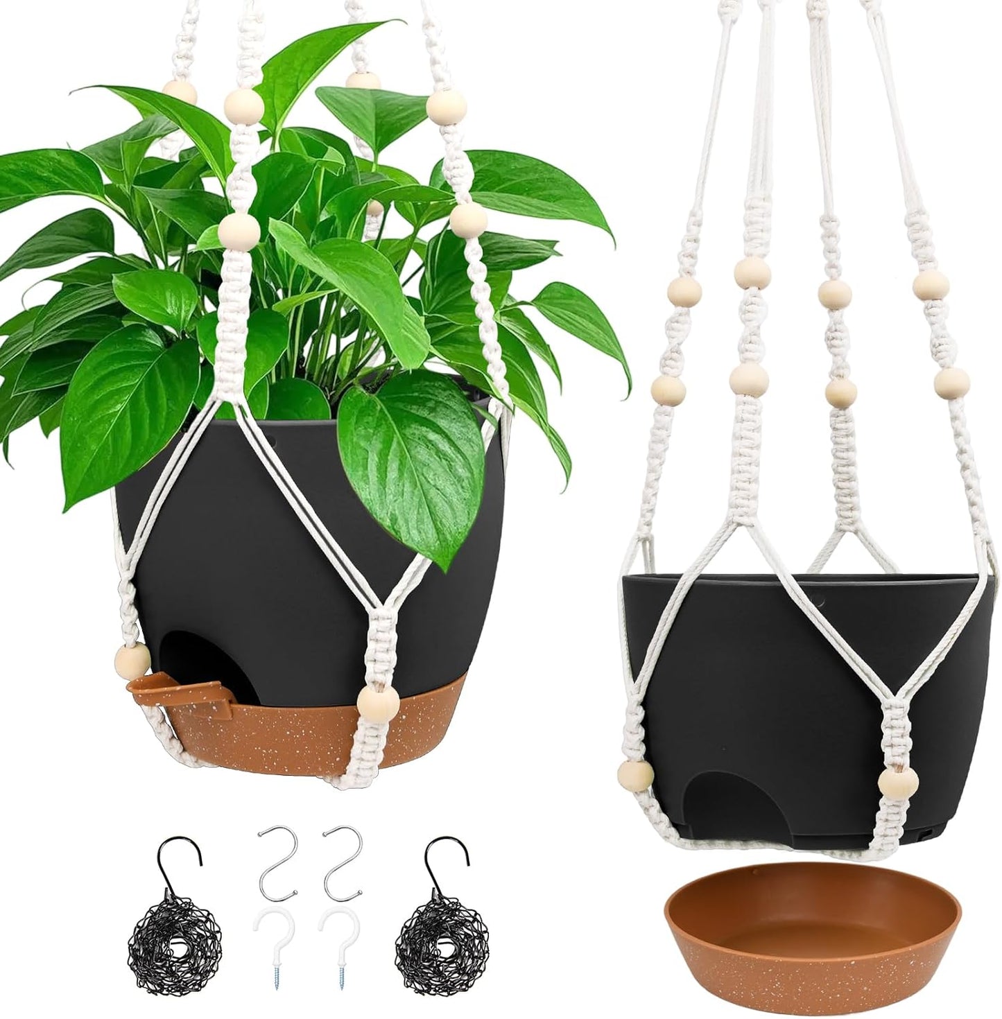 Vanslogreen Hanging Planters for Indoor Outdoor Plants, 2 Pack Self Watering Hanging Pot with Drainage Holes & Removable Tray (Black, 8'')