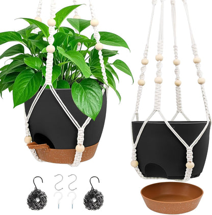 Vanslogreen Hanging Planters for Indoor Outdoor Plants, 2 Pack Self Watering Hanging Pot with Drainage Holes & Removable Tray (Black, 8'')