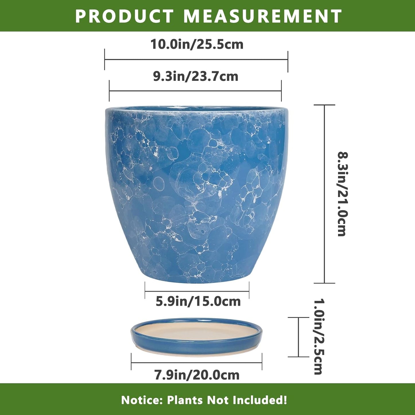 10 Inch Ceramic Planter Pot Round Plant Pot for Indoor Plants Outdoor Large Flower Pot with Drainage Hole and Saucer Blue