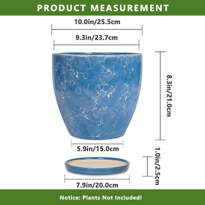 10 Inch Ceramic Planter Pot Round Plant Pot for Indoor Plants Outdoor Large Flower Pot with Drainage Hole and Saucer Blue
