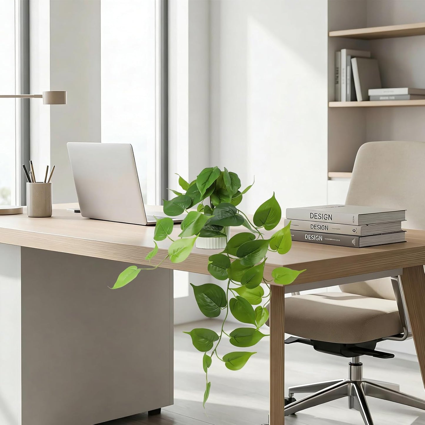 Artificial Pothos Hanging Plants 2 Pack with Pots, Realistic Fake Hanging Plants Indoor, Faux Greenery Vines for Shelf, Bathroom, Living Room, Office Decor