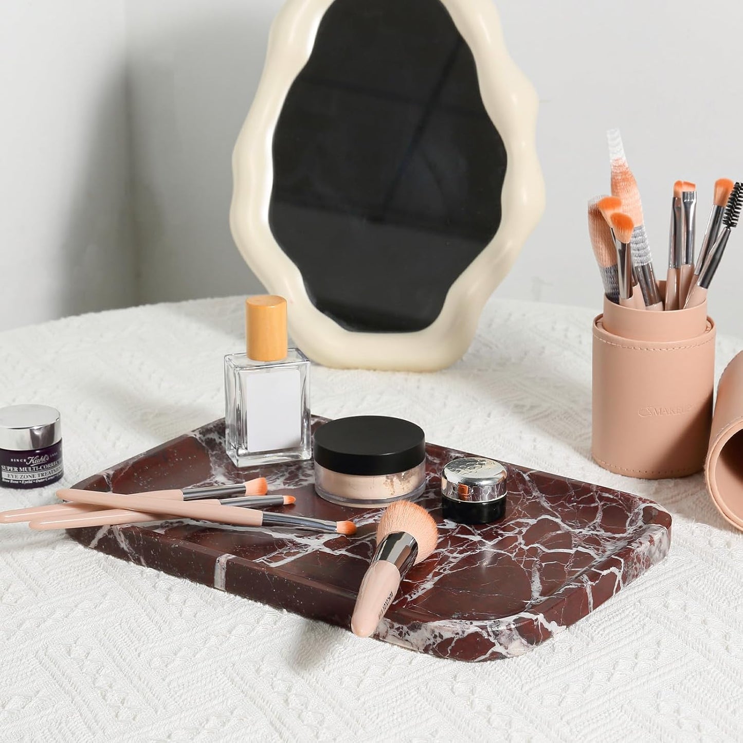 Marble Vanity Tray for Dresser Organizer, Travertine Bathroom Tray Countertop, Beige Decorative Serving Trays, Kitchen Sink Storage, Jewelry & Perfume Holder(Travertino Romano)