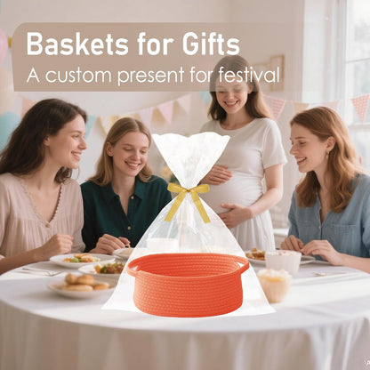 JMvicyroam Woven Basket,Small Rope Storage Bin with Handles & Ribbon Bag, Organizer for Shelves Closets,Gift Basket Empty for Birthday,Books,Dog Toys,White