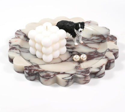 Marble Perfume Tray with Legs - Oval Decorative Stone Pedestal for Bathroom Vanity Coffee Table Kitchen Countertop, Footed Jewelry Candle Organizers Catchall Plate Riser with Scalloped Feet