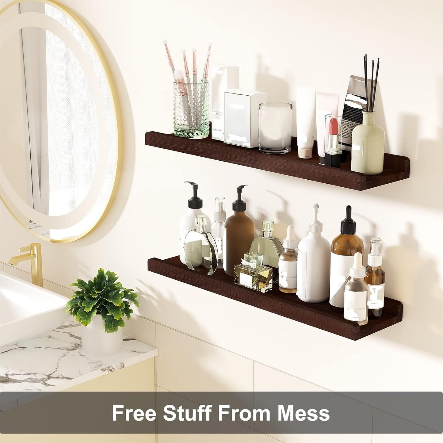 Love-KANKEI Floating Shelves Wall Mounted Set of 2, 17 Inch Rustic Wood Wall Shelves for Storage, Bedroom Living Room Bathroom Kitchen Office and More White