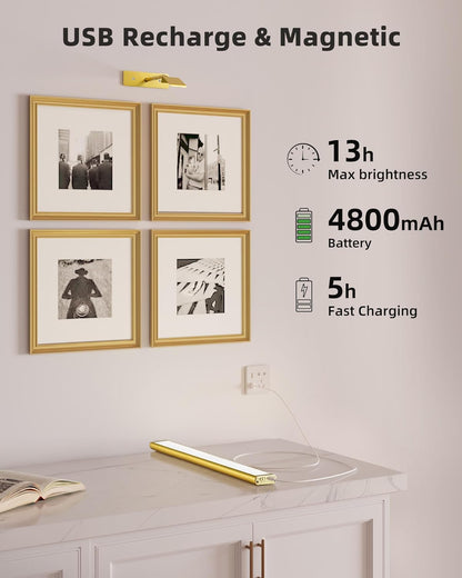 EZVALO Picture Light for Wall, 4800mAh Rechargeable Wireless Remote, 16in Dimmable Magnetic LED Art Display Light with 3 Color Temperatures, for Gallery, Living Room, Bedroom, Hallway (Gold)