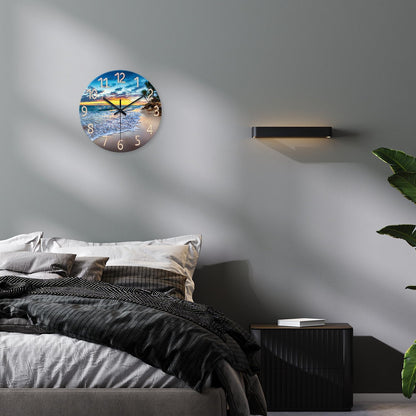 Beach Wall Clock Battery Operated 12 Inch Glass Wall Clock Non Ticking Analog Blue Wall Clocks for Bedroom Living Room Office Decor
