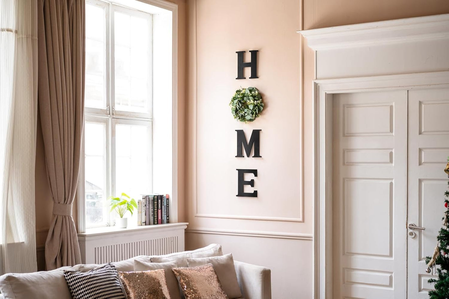 Mkono Farmhouse Wall Home Sign with Artificial Eucalyptus for O Rustic Wooden Hanging Letters Decorative Wall Art Decor for Living Room Kitchen Entryway Housewarming Gift, Brown