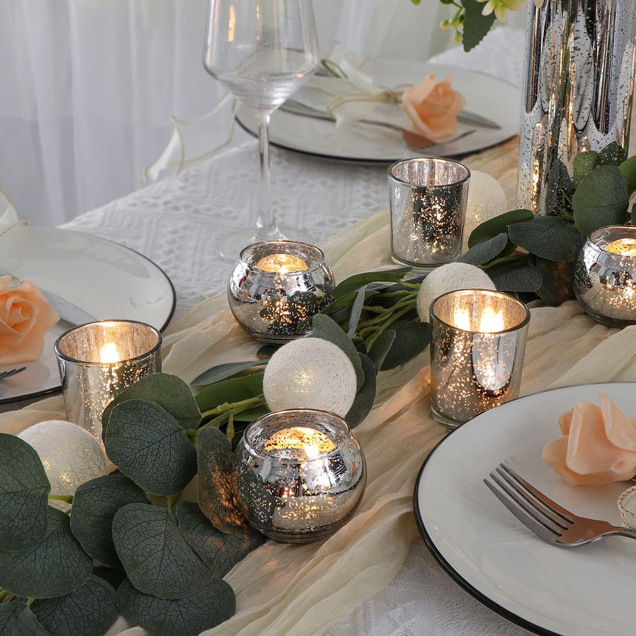 DEVI 24pcs Assorted Gold Votive Candle Holders, Mercury Glass Candle Holder, Diwali Decorations, Gold Wedding Centerpieces for Tables, Bridal Shower Party Table Decorations
