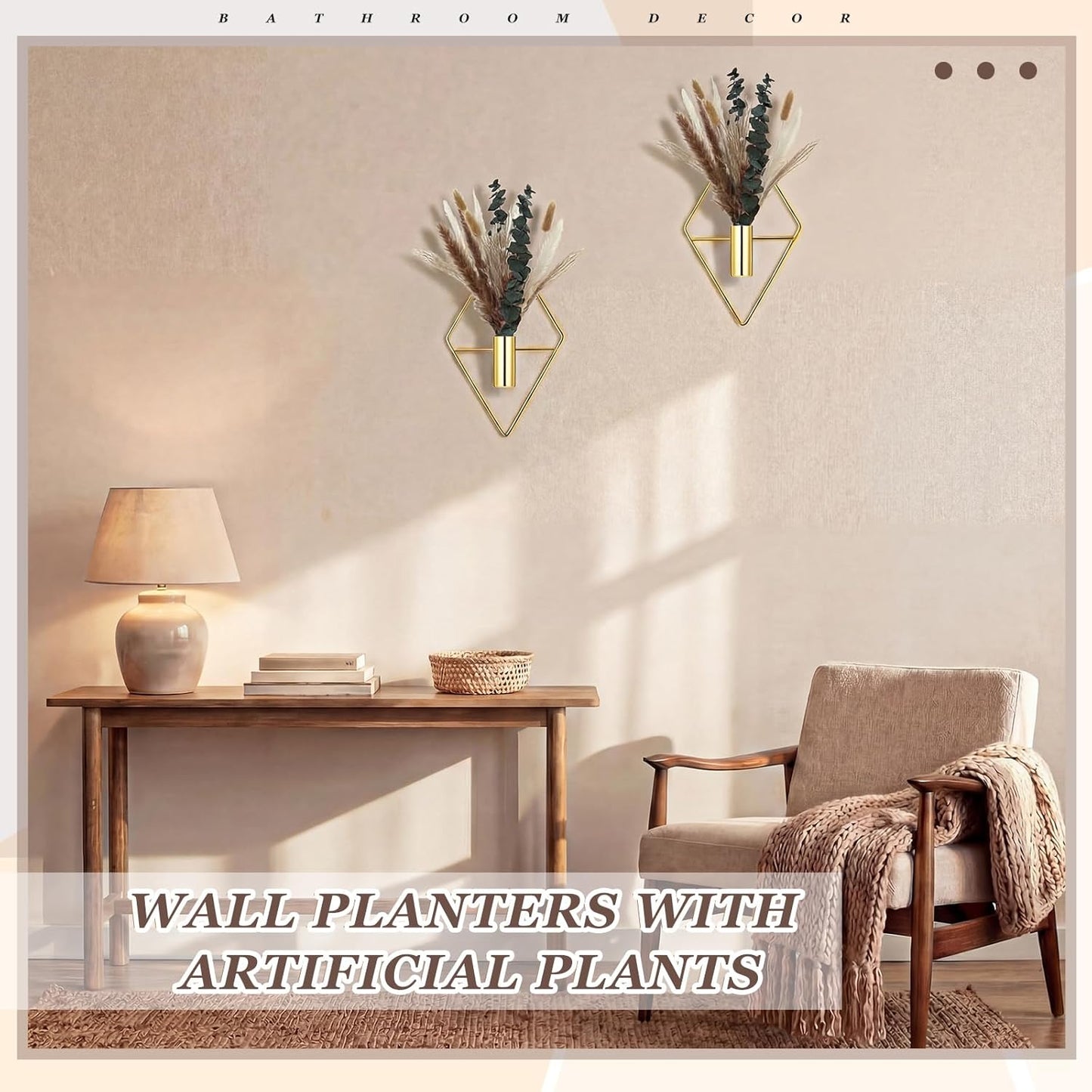 Jexine 4 Pcs Hanging Planters with Artificial Eucalyptus Metal Hanging Vase Indoor Plants Holder Modern Geometric Boho Bathroom Wall Decor for Living Room Home Office(Black)
